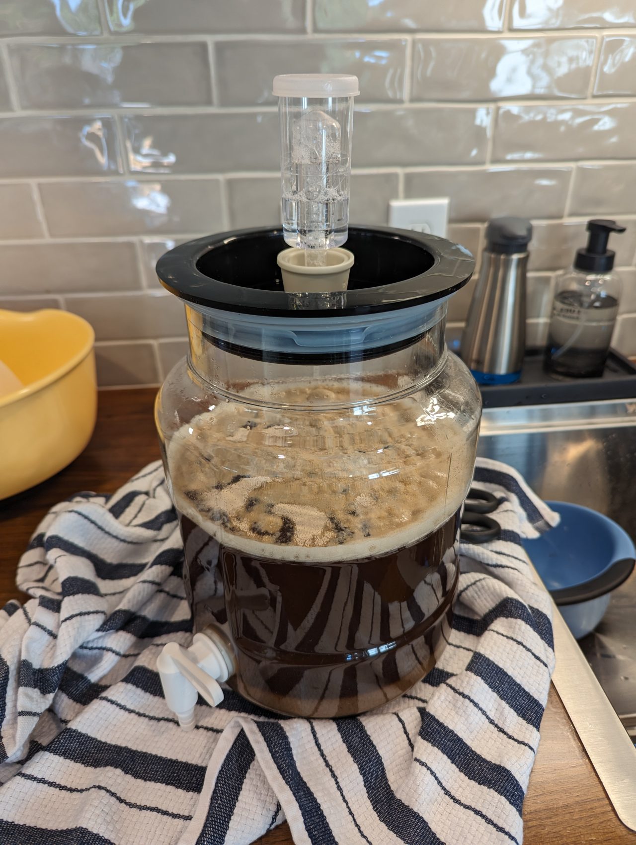 Photo of a small fermenter of beer immediately after pitching dry yeast