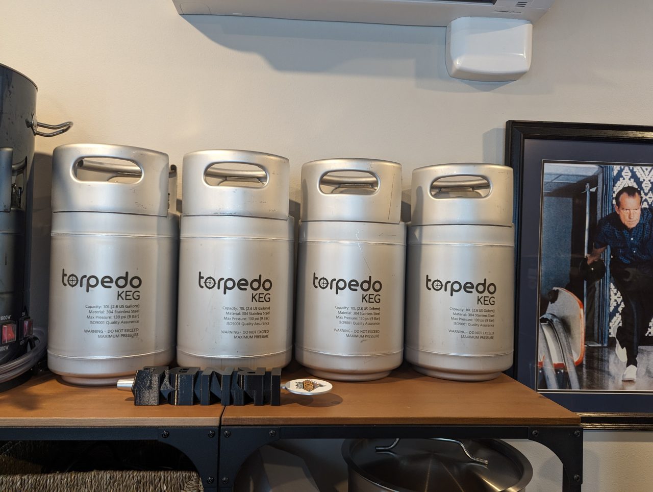 Photo of four 2.5-gallon Torpedo kegs