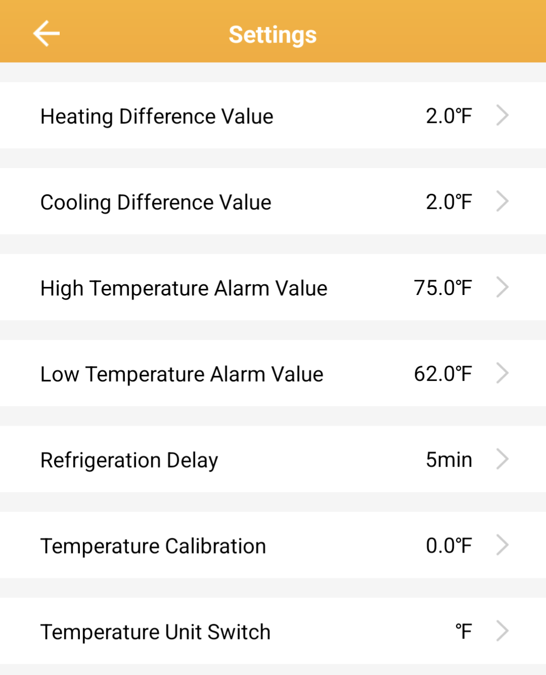 Screenshot of settings for the Inkbird temperature controller in the mobile app