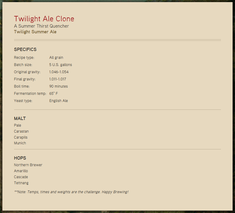 2015 Homebrew Recipe from Deschutes Website